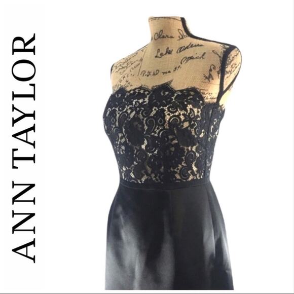 ANN TAYLOR VTG Strapless Black Satin & Lace Prom or Evening Gown 4 - Picture 1 of 8